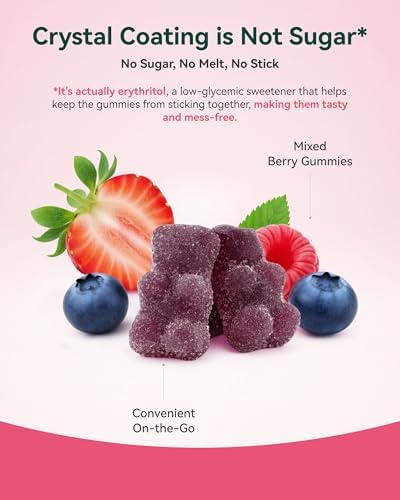 Mixed berry flavor magnesium glycinate chewable gummies spilling out of container
