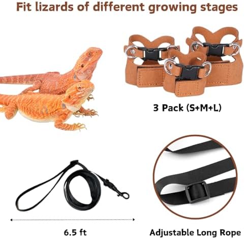 Small medium and large brown leather pet vests laid out sequentially with the nylon leash.