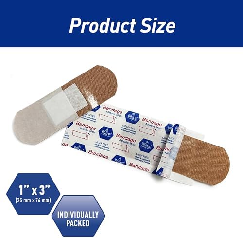 Individually wrapped latex free one inch by three inch fabric wound care strips spread out.