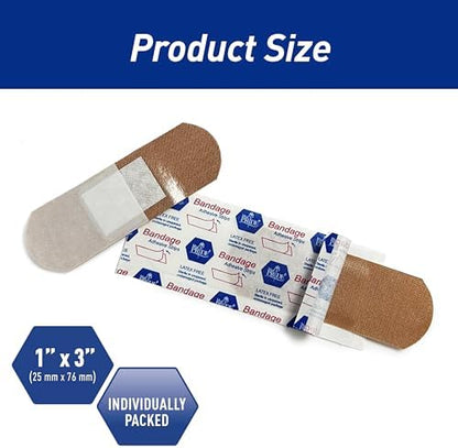 Individually wrapped latex free one inch by three inch fabric wound care strips spread out.