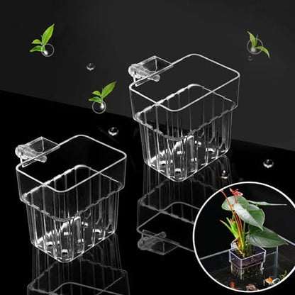 Two pieces of GLEFLE hanging aquarium planter cups showing the adjustable screw mechanism and bottom drainage holes.