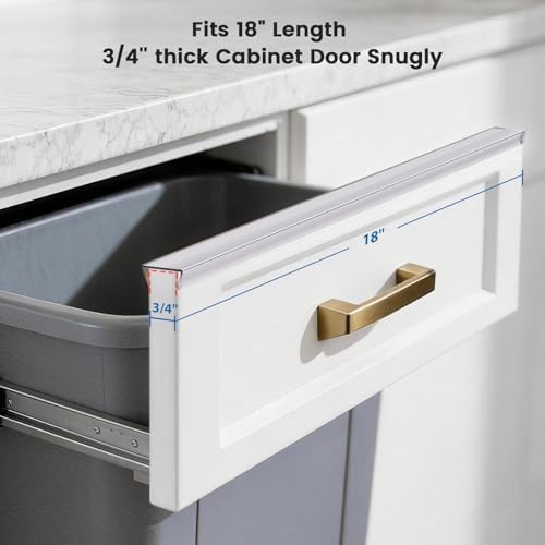 Close up of clear plastic cabinet edge protector installed on kitchen door