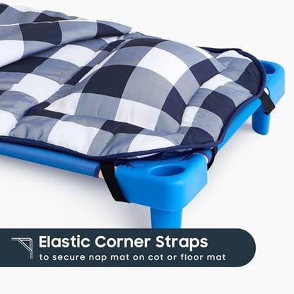 Built in name card pocket slot on the navy plaid preschool sleeping mat