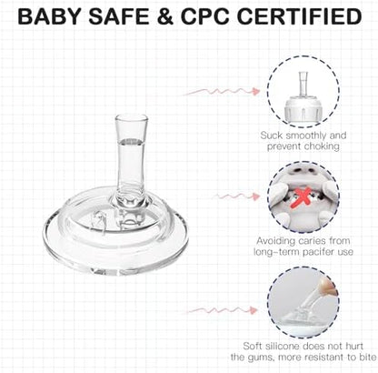 Transitional silicone soft nipple attached to narrow baby bottle
