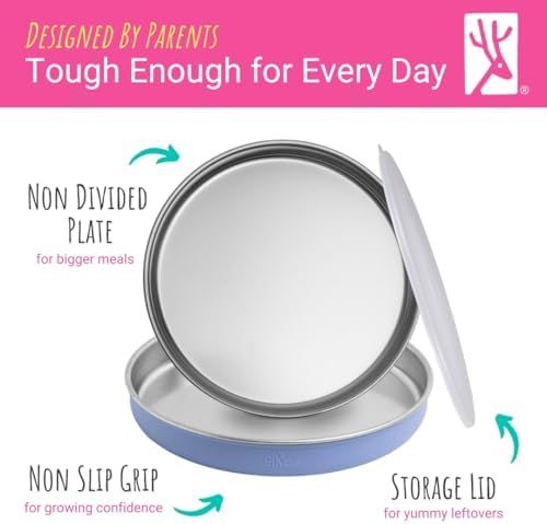Elk and Friends 7.8 inch stainless steel plate with blush pink sleeve