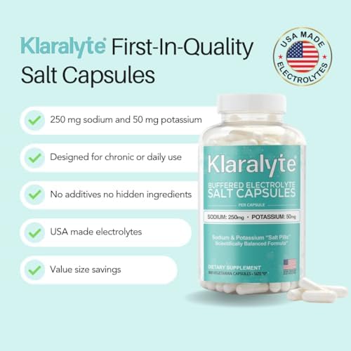 Klaralyte dietary supplement bottle showing sodium and potassium nutritional facts panel.