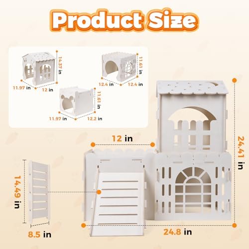 Large Rabbit House, Wooden Bunny Castle with 3 Houses Indoor, Rabbit Guinea Pig Cage Multistory Climbing Tower Sturdy Wooden Castle, Small Animal Hideaway Tunnel - Image 3