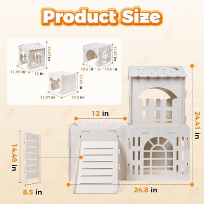 Large Rabbit House, Wooden Bunny Castle with 3 Houses Indoor, Rabbit Guinea Pig Cage Multistory Climbing Tower Sturdy Wooden Castle, Small Animal Hideaway Tunnel - Image 3