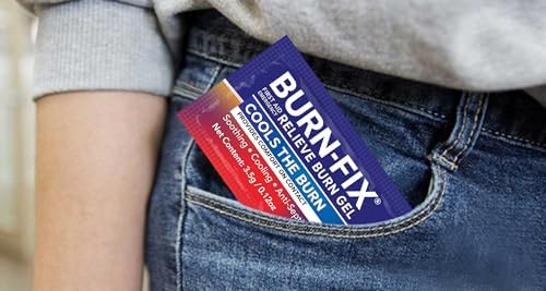 Emergency first aid kit contents including BurnFix hydrogel packets for home safety.