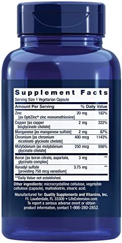 Life Extension Only Trace Minerals supplement facts panel showing zinc chromium and boron dosages