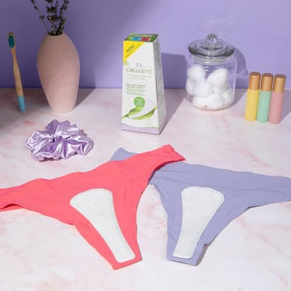 Side view of Organyc organic cotton panty liners box showing ingredient list.