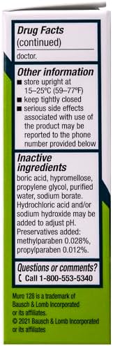Back label of Muro 128 15 Milliliter bottle showing drug facts and ingredients.