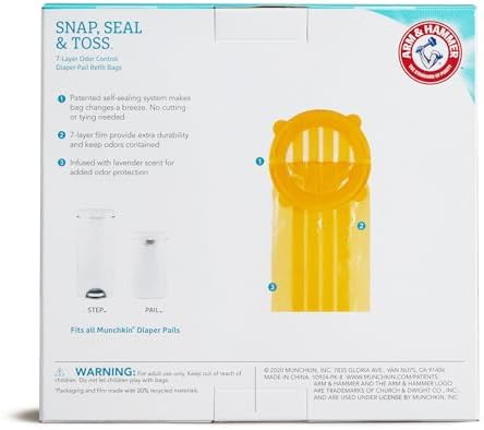 Munchkin diaper pail bag snap and seal technology illustration