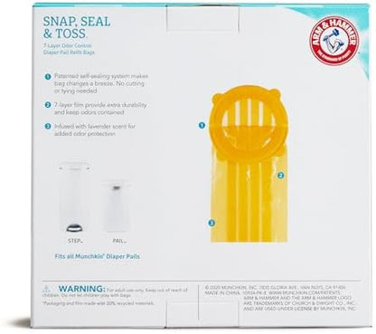 Munchkin diaper pail bag snap and seal technology illustration