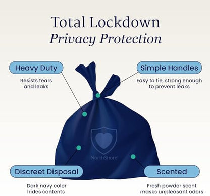 Heavy duty scented incontinence product disposal bags showcasing tear resistant material and odor control features.