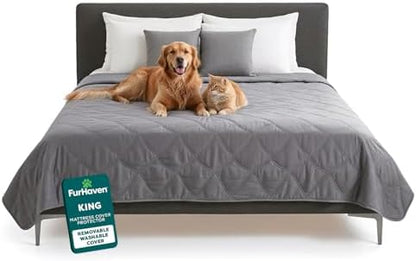 Quilted twill gray pet cover showing the silent waterproof membrane layer details.