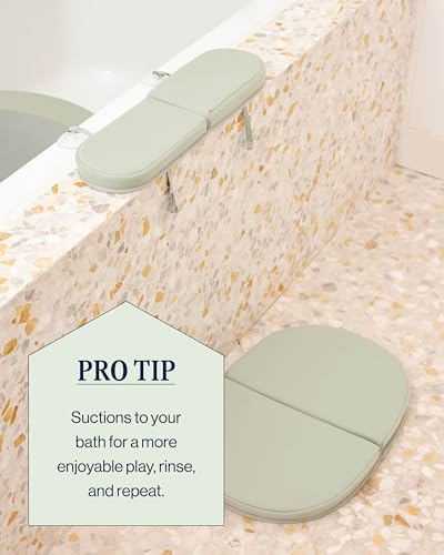 Ergonomic Lalo joint support cushions resting on a bathtub edge for baby bath comfort.