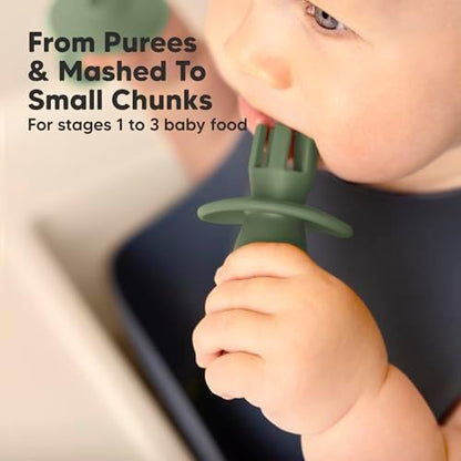 KeaBabies weaning utensils pack detailing the flexible premium material safe for teething babies.