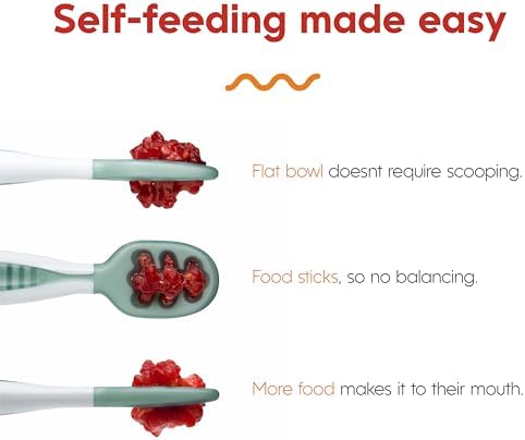 Thick contoured handle baby spoon set designed for tiny infant hands.
