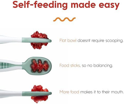 Thick contoured handle baby spoon set designed for tiny infant hands.