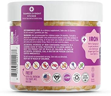 Vitamin Friends Kids Iron Gummy vitamins nutritional facts and FSSAI importer details on side label.