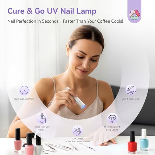 Handheld portable UV light for gel nails being held over a finger to flash cure intricate nail art design.