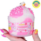Peachybbies Strawberry Cow Cloud Slime compressed down to show its dense non sticky dough formulation