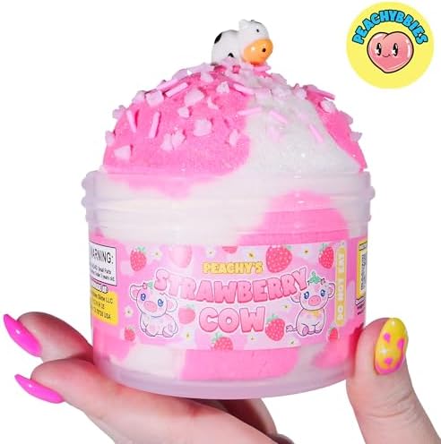 Peachybbies Strawberry Cow Cloud Slime compressed down to show its dense non sticky dough formulation