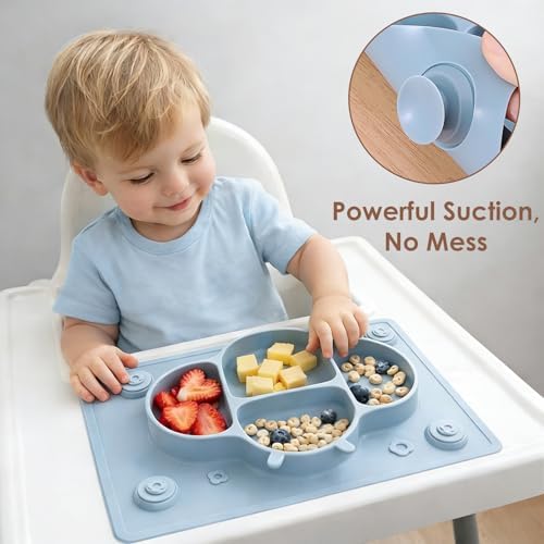 ROCCED toddler plate with four corner suction cups sticking to wooden table