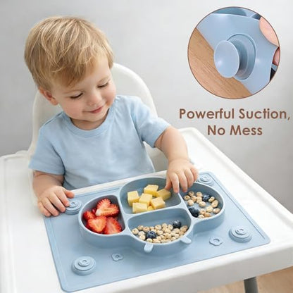 ROCCED toddler plate with four corner suction cups sticking to wooden table