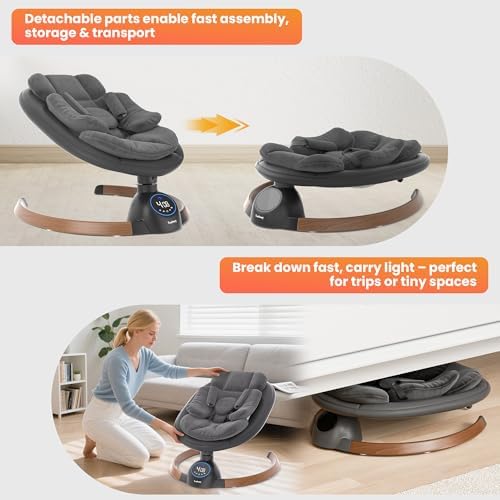TouHeart infant swing seat showing the secure five-point safety harness and washable fabric.