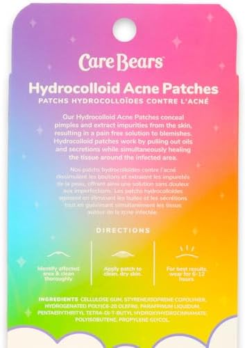Close up of heart and bear shaped hydrocolloid acne stickers on a backing sheet.