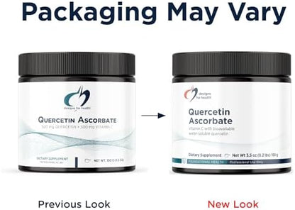 Designs for Health Quercetin-Ascorbate Powder bottle showing vegan and non-GMO certification seals.