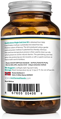 Sustainably sourced wild caught Norwegian cod liver oil softgels packaging showing supplement facts