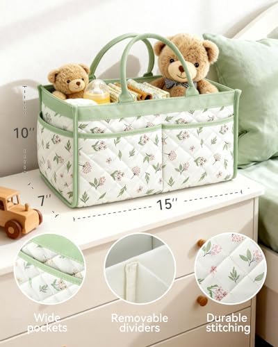 Sage green botanical nursery caddy filled with newborn diapers and wipes