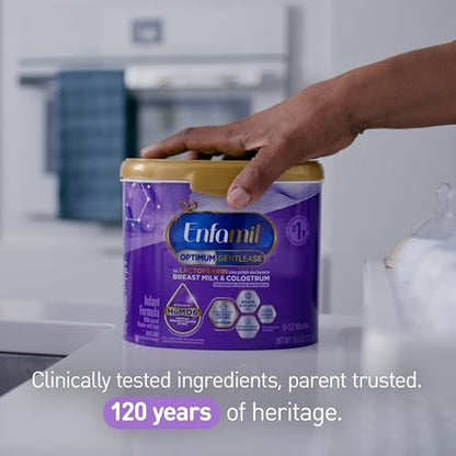 Enfamil Optimum Gentlease Baby Formula nineteen point five ounce milk powder tub showing the zero to twelve months age recommendation.