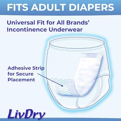 LivDry adult diaper inserts showing the secure adhesive backing strip