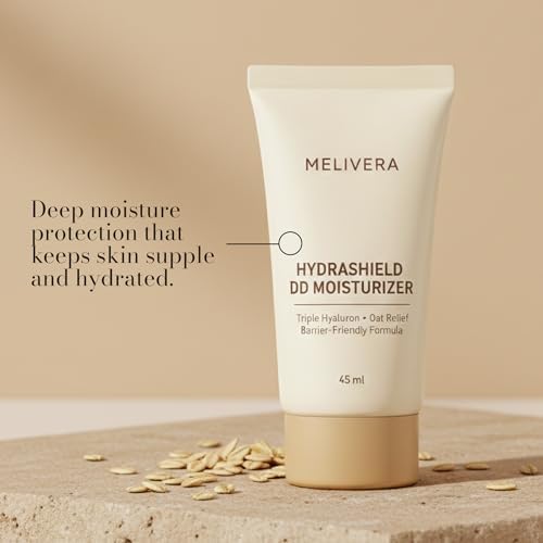 Melivera HydraShield DD Moisturizer product tube showing brand and key ingredients