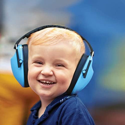 Side profile of blue Walker's children's folding earmuffs showing adjustable headband