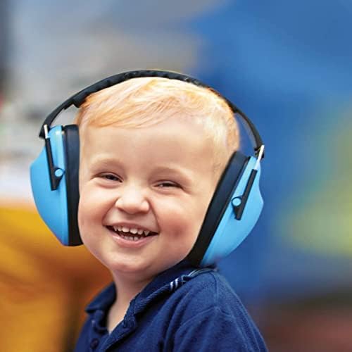 Side profile of blue Walker's children's folding earmuffs showing adjustable headband