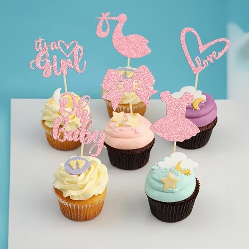 Pre-assembled pink party cake picks in cupcakes