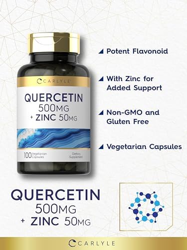 Close-up of Carlyle Quercetin supplement capsules in natural lighting