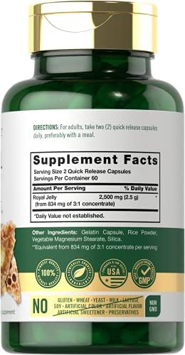 Carlyle Royal Jelly supplement bottle showing non-GMO and gluten-free certification labels