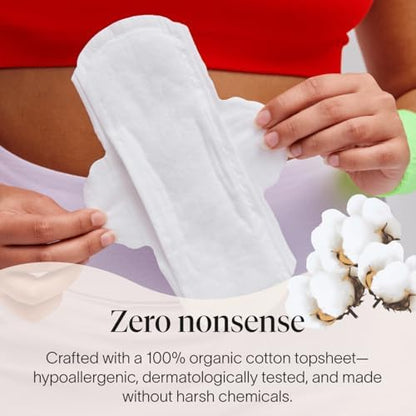 Cora organic cotton pads for women featuring a contoured fit and leak protection.