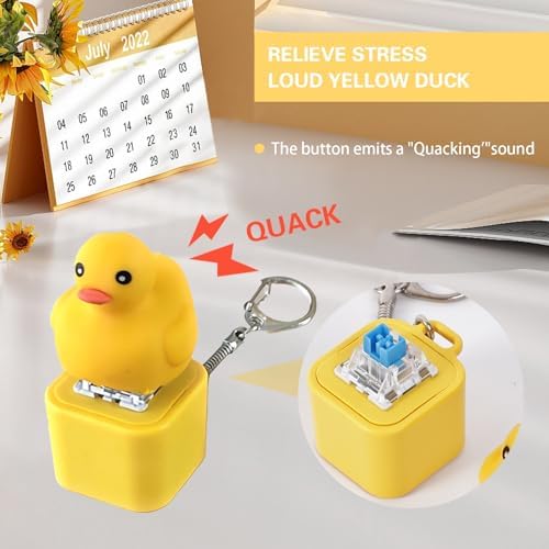 Close up view of the mechanical keyboard switch base on the authentic quacking duck keychain.