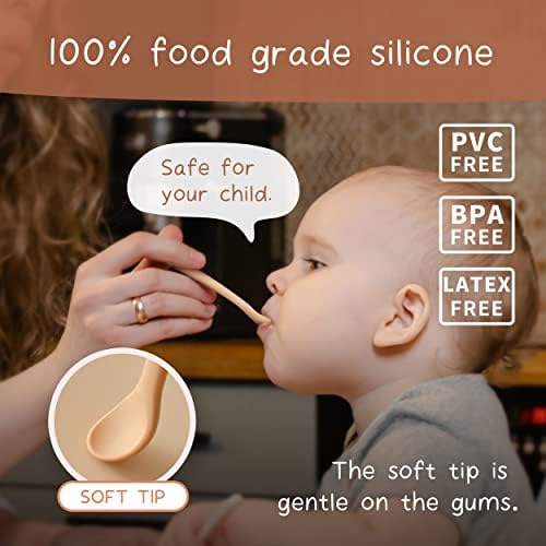 Moonkie food grade silicone toddler spoons showing the small and large spoon head comparison.