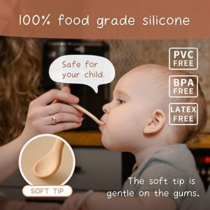 Moonkie food grade silicone toddler spoons showing the small and large spoon head comparison.