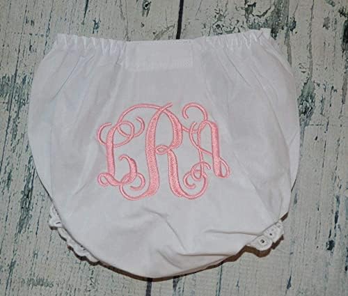 White cotton baby bloomers with pink script initials embroidery