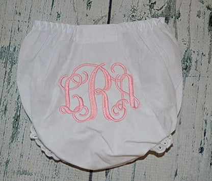 White cotton baby bloomers with pink script initials embroidery