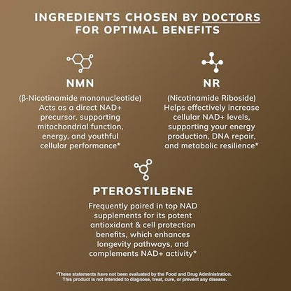 Nutrum NMN 500 milligram dietary supplement showing health benefits like focus and metabolism support.
